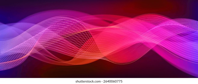 Audio wave neon visualization with flowing pink purple gradient lines on dark bg. Digital sound frequency spectrum display for music production. Abstract luminous waveform energy motion graphic.