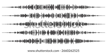 Audio wave tune print, voice message, podcast audio recording. Vector audio player soundwave visualization or voice message sound wave. Podcast audio streaming. Music, sound concept.