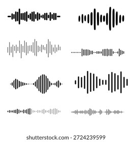 Ícones de forma de onda de áudio configurados para visualização de som, edição de música, produção de podcast e design de áudio digital.