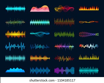 Audio Waveform Signals, Wave Song Equalizer, Stereo Recorder Sound Visualization. Soundtrack Signal Spectrum And Studio Melody Beat Vector Frequency Meter Concept On Dark Background