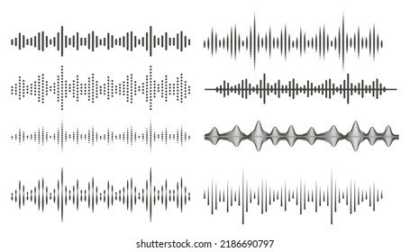 ondas de audio en estilo abstracto. Líneas de frecuencia de audio y voz. Símbolos de ecualizador de volumen. Vector puesto sobre fondo blanco.