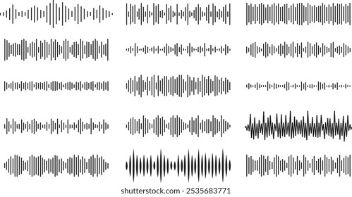 Audio waves icon set. Voice message and sound representation Record music player. Mobile talk track. Podcast soundwave. Social network speech audio. Equalizer spectrum noise. Vector illustration.