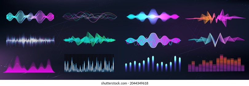 Audio waves set, colorful digital equalizer. Futuristic set HUD music waves. Frequency audio waveform, voice chart, sound recognition, voice graph. Microphone audio, music equalizer collection. Vector