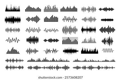 Audio waves vector collection - Set of audio music illustration graphics and symbols showing spectrum waveform and various equaliser icons and elements in black colour on white background