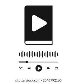 Plantilla de interfaz de App de audiolibro con signo de libro de audio, barra deslizante de progreso, onda de sonido de ecualizador y Botones. Widget de audioplayer de libro electrónico o podcast. Concepto de lectura de audio. Vector ilustración gráfica.