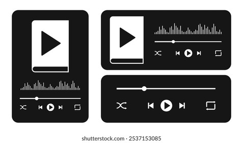 Plantillas de interfaz de App de audiolibros con signo de libro de audio, barra deslizante de progreso, onda de sonido de ecualizador y Botones. Widgets de audioplayer de libros electrónicos o podcast. Vector ilustración gráfica.