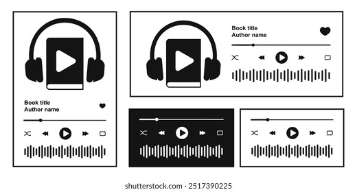 Modelo de aplicativo Audiobook com barra deslizante de progresso, onda de som equalizador e botões. Interface do reprodutor de áudio para escuta de livros. Widgets de áudio-player em ebook ou podcast. Ilustração gráfica vetorial.