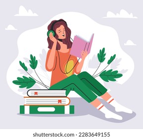 Audiobook audio book listen podcast headphones electronic study concept. Vector graphic design illustration
