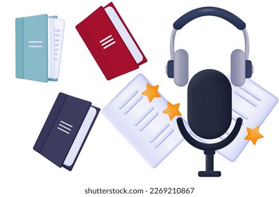 Audiobook. Books, microphone, headphones 3d icon. Modern device for audio podcast or records, reading fiction, novel, short story. Sound in the studio, radio. Equipment for a blog, stream, tutorial. 