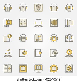 Audiobook bunter Symbole gesetzt. Kreative E-Book- und Hörbuchzeichen der Vektorillustration