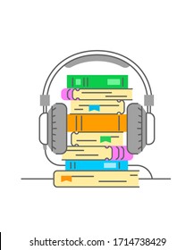  Concepto de audiolibro. Ilustración vectorial de línea delgada plana. Montón de libros con auriculares. Metáfora electrónica del libro. Elemento de logotipo de librería en línea