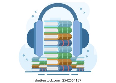 conceito audiobook com fones de ouvido, fone de ouvido plano cartoon com pilha de livros digitais on-line, ouvindo podcasts ou e-learning e ideias de aprendizagem, conceito de educação. Ilustração vetorial.