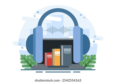 audiobook concept with headphones, flat cartoon headset with stack of online digital books, listening to podcasts or e-learning and learning ideas, education concept. Vector illustration.