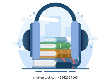 audiobook concept with headphones, flat cartoon headset with stack of online digital books, listening to podcasts or e-learning and learning ideas, education concept. Vector illustration.