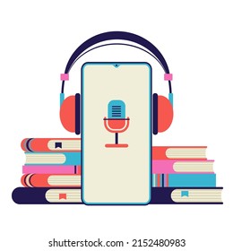 audiobook concept is isolated on a white background. smartphone, headphones, microphone on the screen, books are drawn in a flat style in a fashionable color scheme. stock vector illustration. EPS 10.