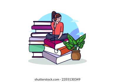 Audiobook concept with people scene in the flat cartoon style. The girl listens to her favorite audio books in headphones and has the opportunity to rest. Vector illustration.