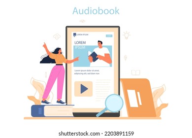 Audiobook concept. Using mobile phone for learning and education. People listening to digital books on their smartphones. Flat vector illustration