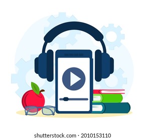audiobook concept. Vector flat illustration. Smartphone with headphones and an online library app. listening to podcasts, electronic education, study, digital online books. 