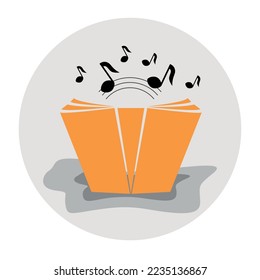 Audiobook concept, yellow book icon with music notes.