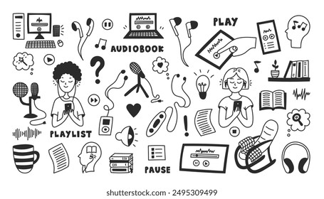 Audiobook Doodle Elements Set. Listening to books, reading, podcast, audio and sound equipment symbols. Hand drawn line icons. Isolated vector illustration
