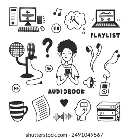 Audiobook doodle Set. Hand drawn podcast sound audio equipment elements. Microphone earphones buttons line symbols and icons. Vector illustration 