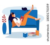 Audiobook, education and knowledge. Girl chilling on the sofa, holding a book and listening to a lecture or podcast through headphones. Woman resting. Isolated vector illustration