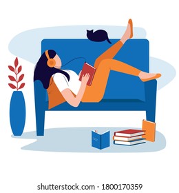 Audiobook, education and knowledge. Girl chilling on the sofa, holding a book and listening to a lecture or podcast through headphones. Woman resting. Isolated vector illustration