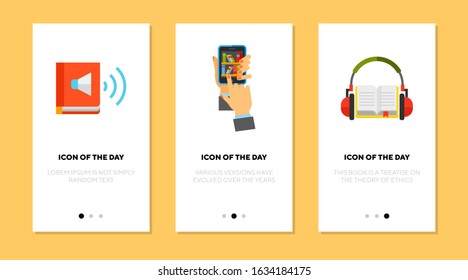 Audiobook flat icon set. Headset, speaker, smartphone app isolated sign pack. Education, learning, studying, listening concept. Vector illustration symbol elements for web design