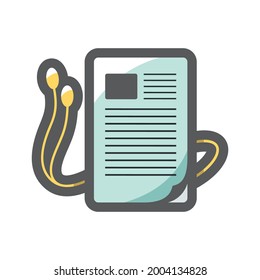 Auriculares Audiobook e ilustración del icono del vector de la hoja de libros.