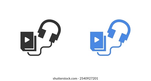 Audiobook-Symbol für App-Design. Buch mit Audio-Lautsprecher-Taste. Bücher, Kopfhörer und Schilder. Vektorgrafik einzeln