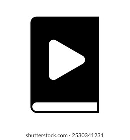 Audiobook icon. Book cover with play sign isolated on white background. Audio reading or podcast listening concept. Vector graphic illustration.