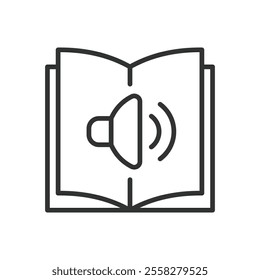 Audiobook, audiobook icon, book, reading, audio story, listening book, book symbol on white background vector. Audiobook, book, reading and audio editable stroke icon