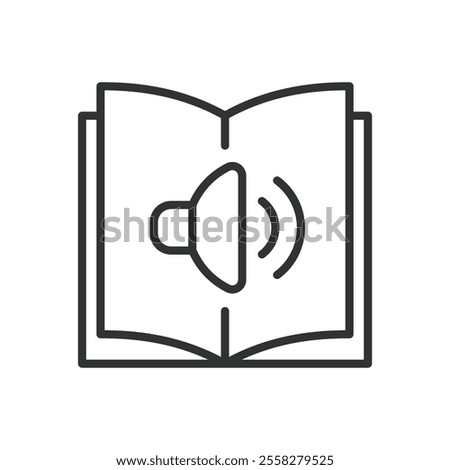 Audiobook, audiobook icon, book, reading, audio story, listening book, book symbol on white background vector. Audiobook, book, reading and audio editable stroke icon