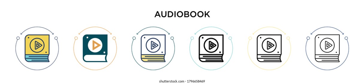 Audiobook icon in filled, thin line, outline and stroke style. Vector illustration of two colored and black audiobook vector icons designs can be used for mobile, ui, web