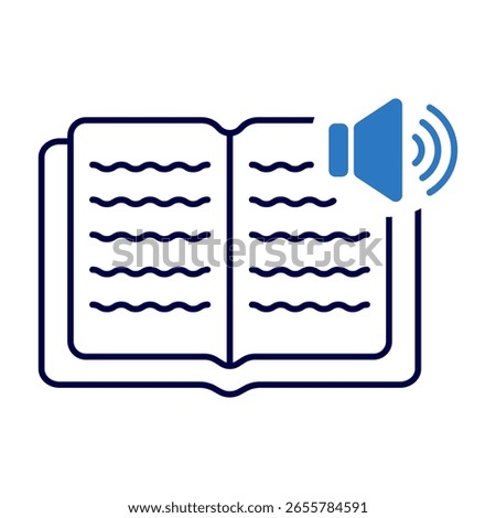 Audiobook Icon with Open Book and Speaker Symbol Vector Illustration. An open book with wavy lines representing text, accompanied by a blue speaker icon with sound waves.