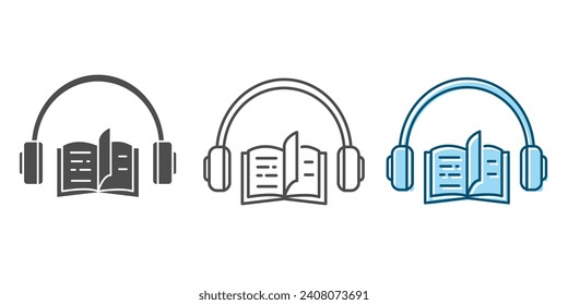 Audiobook icon set. Book and headphones outline vector icon. Vector illustration on a white background