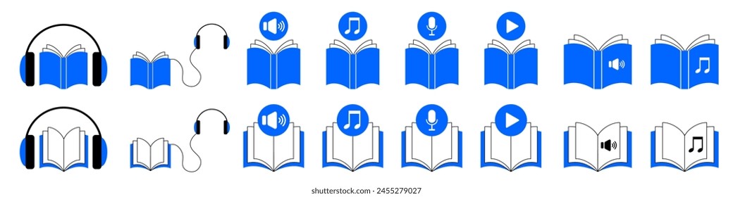 Audiobook icons. Set of blue books, headphones and signs. Play, sound, music, note, microphone icons. Audio guide.