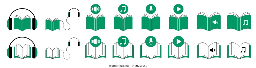 Audiobook icons. Set of green books, headphones and signs. Play, sound, music, note, microphone icons. Audio guide.