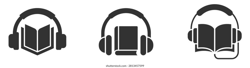 audiobook icons set with headphone and book symbols on transparent background