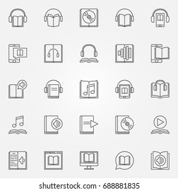 Audiobook icons set - vector collection of audio book and e-book concept symbols in thin line style