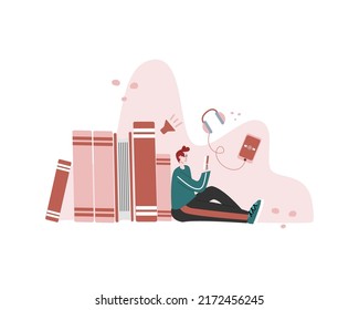 Audiobook Illustration. Smartphone With Books On The Shelves, . A Person Reading A Book. Concept For Distance Learning, Webinar, Tutorial.
