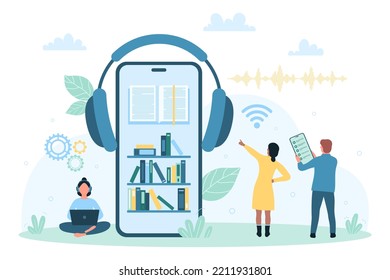 Audiobook mobile app vector illustration. Cartoon tiny people using library with ebooks to listen audio podcast and study, students learning near big phone with virtual bookshelves and headphones