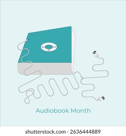 Audiobook Month celebrations start on June 1 every year. Vector, illustration. Book, earphone and touch buttons design.