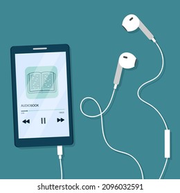 Audiobook en pantalla de teléfono móvil con auriculares. Escuche literatura, e-books en formato audio. Ilustración vectorial al estilo de las caricaturas planas.