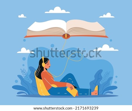 Audiobook. Online Library, young girl in headphones with book, listening audio, education and e-learning, online media. Enjoying literature and learning, vector cartoon flat concept