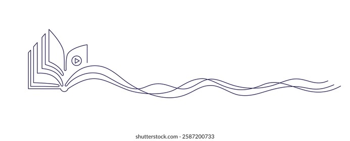 Audiobook with play button. Abstract sound wave in simple linear style. Vector one continuous line graphic logo. Curve flow dynamic design. Editable stroke on transparent background