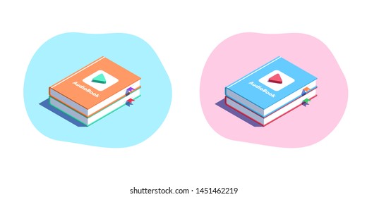 Audiobook with Play button, Isometry. Set of audio books in isometric style. Virtual library, online sound literature. Vector illustration for landing page, banner, poster