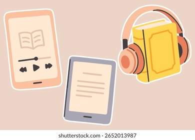Reproductor de audiolibros con auriculares, pantalla de tableta y dispositivo móvil que muestra libros digitales. Ilustración de herramientas de lectura híbrida y tecnología educativa