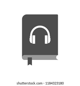 Audiobook player icon. Closed book with bookmark and headphones on cover. Vector.