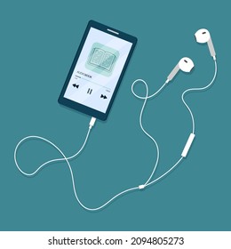 Audiobook player on mobile phone screen. Smartphone application for reading e-book. Idea of online education and knowledge. Vector illustration in flat cartoon style.